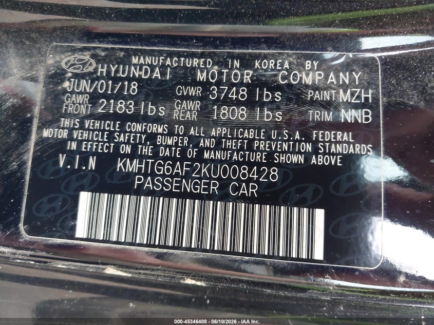 2019 Hyundai Veloster 2.0 Premium VIN: KMHTG6AF2KU008428 Lot: 45346408