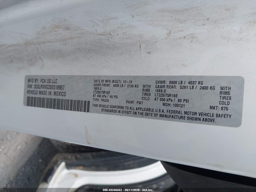 Vin: 3c6lrvvg2se518957, lot: 45844389, ram promaster 2500 tradesman low roof 136 wb w/pass seat 20254