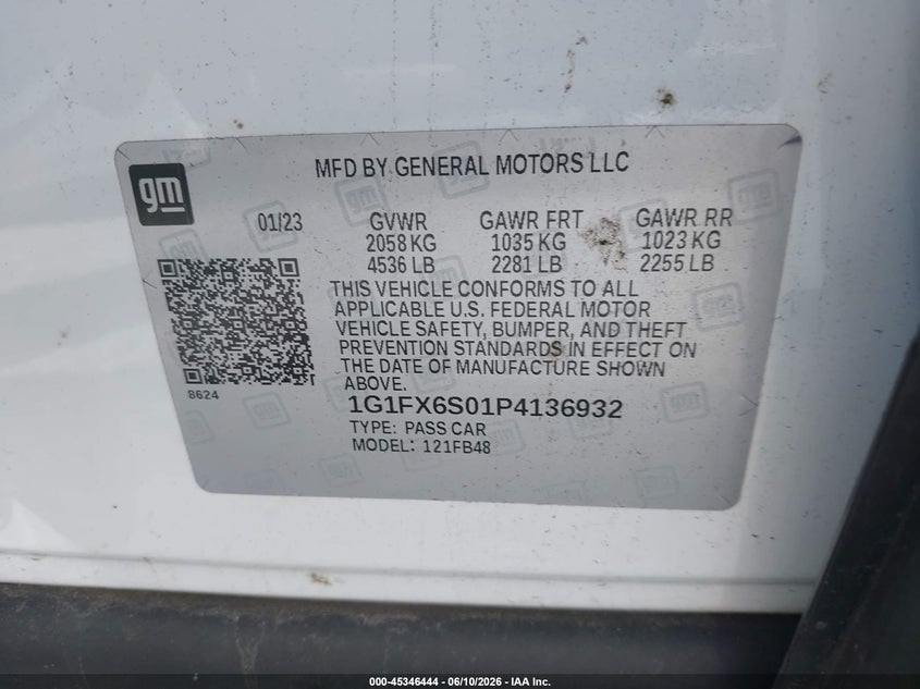 2023 Chevrolet Bolt Ev Fwd 2Lt VIN: 1G1FX6S01P4136932 Lot: 45346444