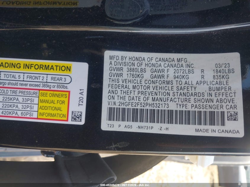 HONDA CIVIC 2023 VIN 2HGFE2F52PH532173