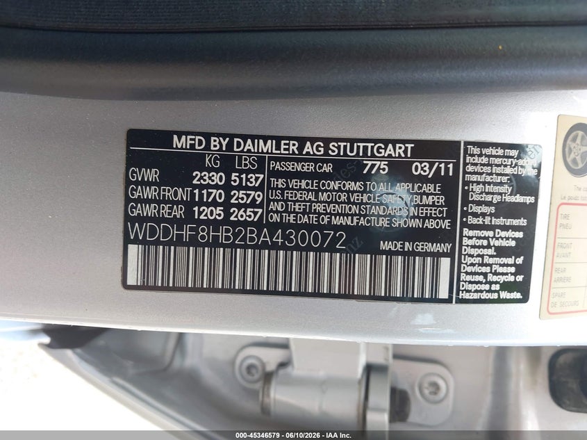 2011 MERCEDES-BENZ E-KLASSE SEDAN 3.5L V-6 DOHC, VVT, 268HP
