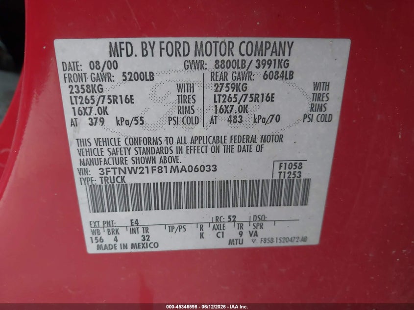 2001 Ford F-250 Lariat/Xl/Xlt VIN: 3FTNW21F81MA06033 Lot: 45346598