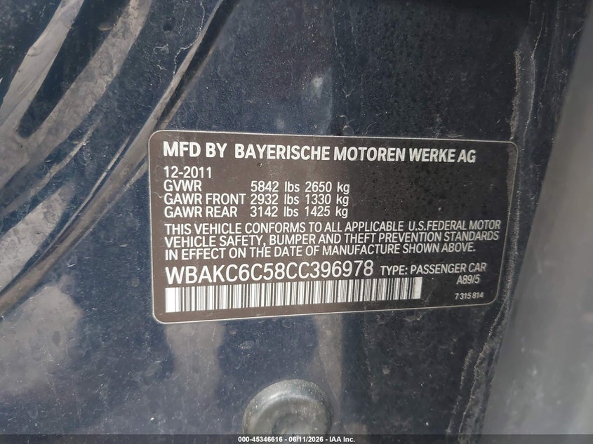 BMW 750 2012 VIN WBAKC6C58CC396978