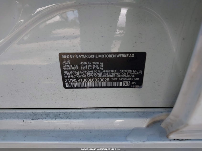 2020 BMW 330I VIN: 3MW5R1J00L8B23028 Lot: 45346690