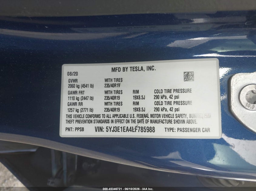 2020 Tesla Model 3 Standard Range Plus Rear-Wheel Drive/Standard Range Rear-Wheel Drive VIN: 5YJ3E1EA4LF785988 Lot: 45346721