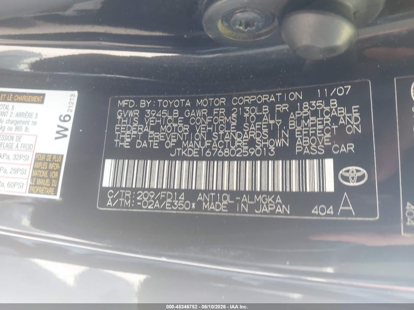 2008 Scion Tc VIN: JTKDE167680259013 Lot: 45346752