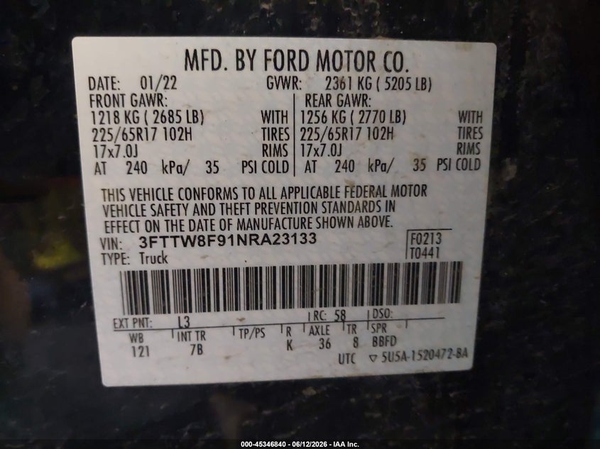 2022 Ford Maverick Xlt VIN: 3FTTW8F91NRA23133 Lot: 45346840