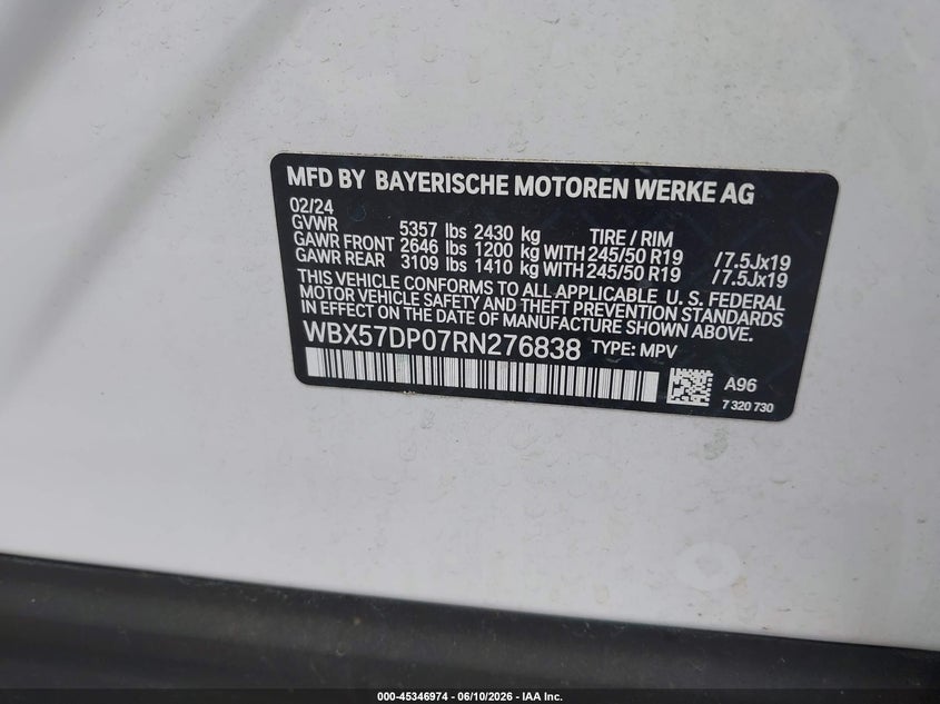 2024 BMW X3 xDrive30I VIN: WBX57DP07RN276838 Lot: 45346974