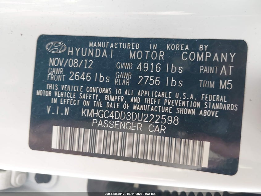2013 Hyundai Genesis 3.8 VIN: KMHGC4DD3DU222598 Lot: 45347012
