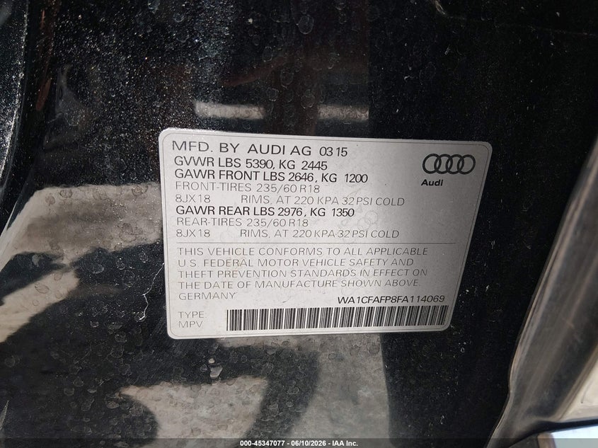 2015 Audi Q5 2.0T Premium VIN: WA1CFAFP8FA114069 Lot: 45347077