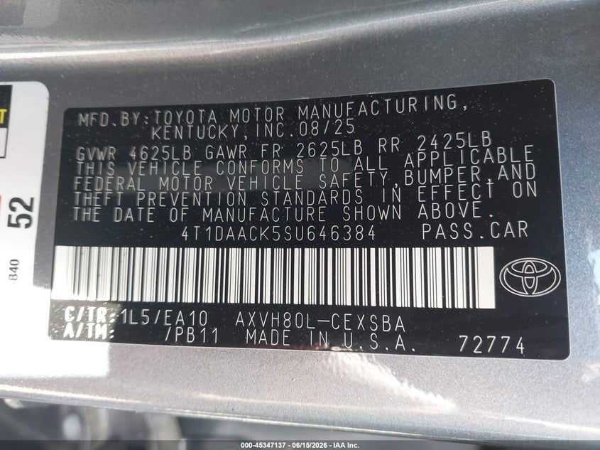 2025 TOYOTA CAMRY 2.5L I-4 DI, DOHC, V(VIN: 4T1DAACK5SU646384
