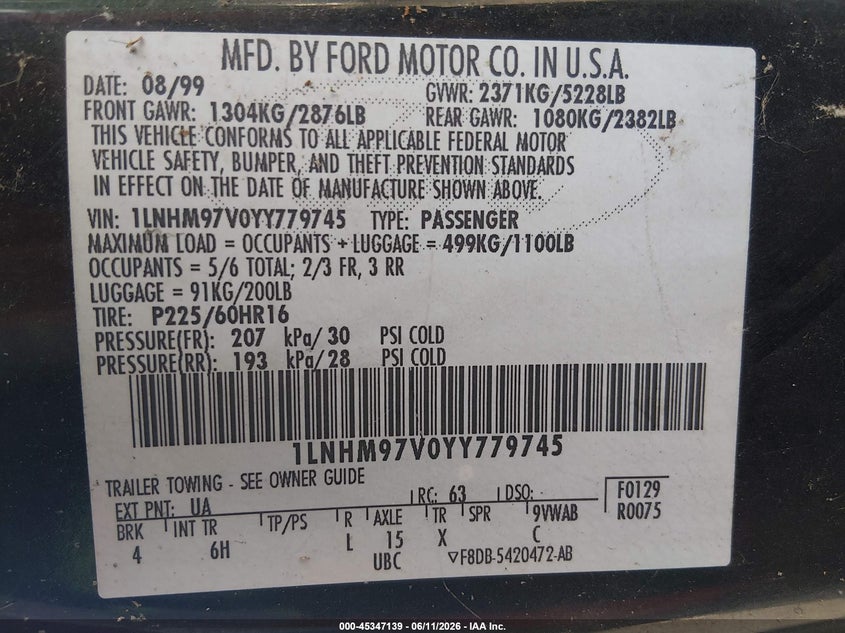 2000 Lincoln Continental VIN: 1LNHM97V0YY779745 Lot: 45347139