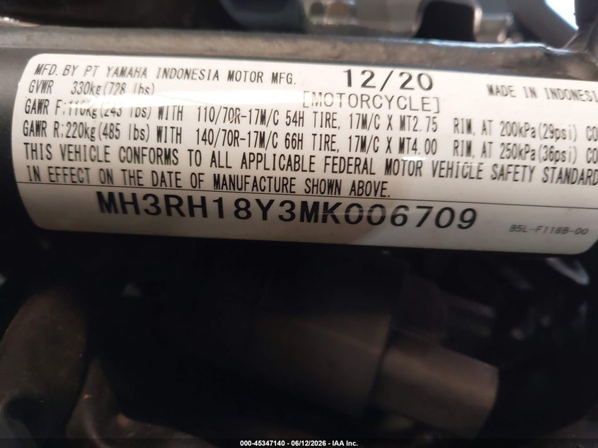 2021 Yamaha Yzfr3 A VIN: MH3RH18Y3MK006709 Lot: 45347140