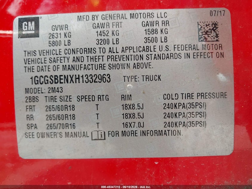 VIN 1GCGSBENXH1332963 2017 CHEVROLET COLORADO WT