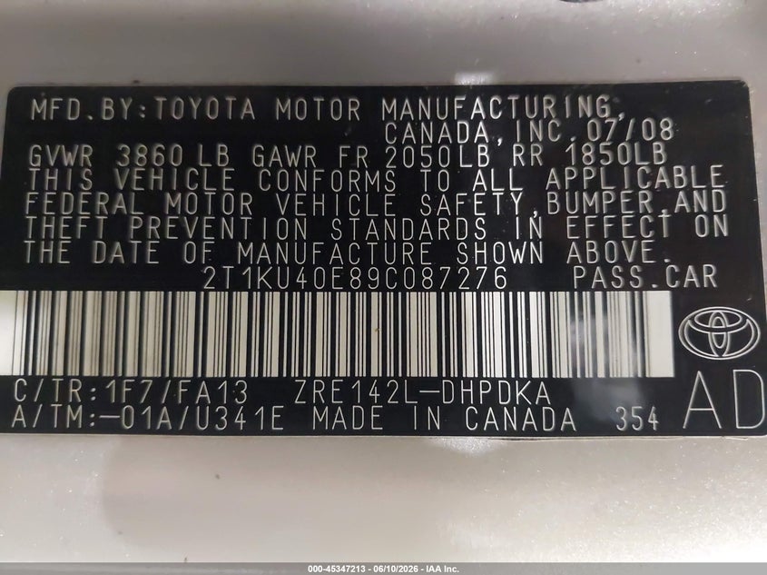 2009 Toyota Matrix VIN: 2T1KU40E89C087276 Lot: 45347213