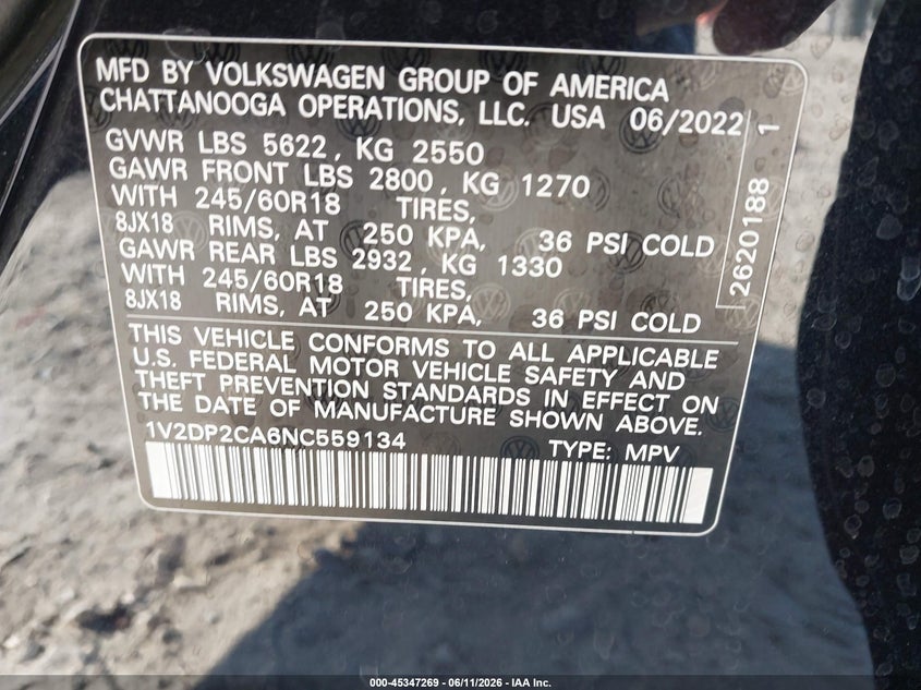 2022 Volkswagen Atlas 2.0T Se VIN: 1V2DP2CA6NC559134 Lot: 45347269