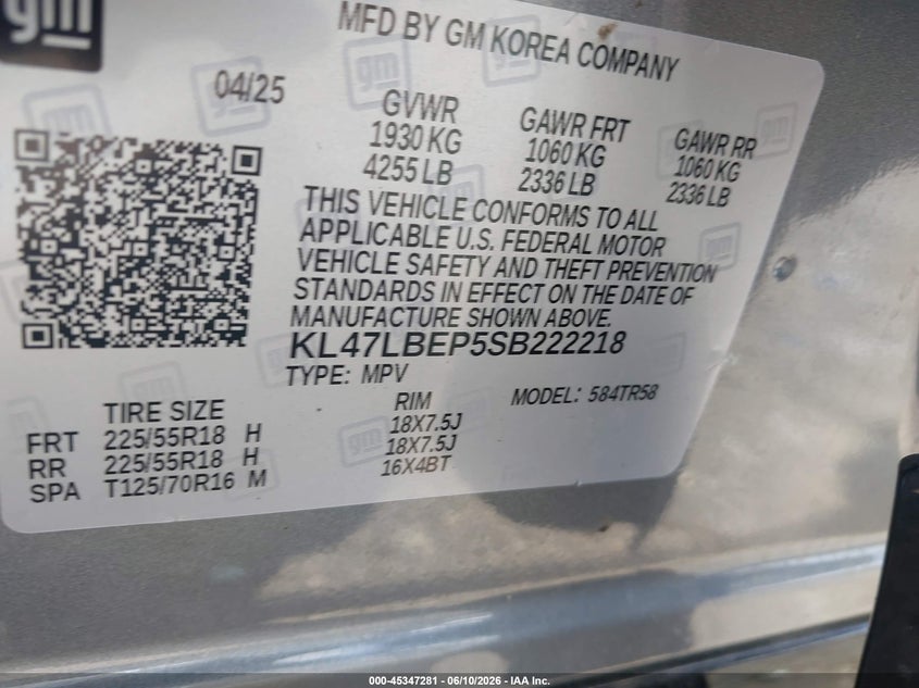 2025 Buick Envista Sport Touring Fwd VIN: KL47LBEP5SB222218 Lot: 45347281