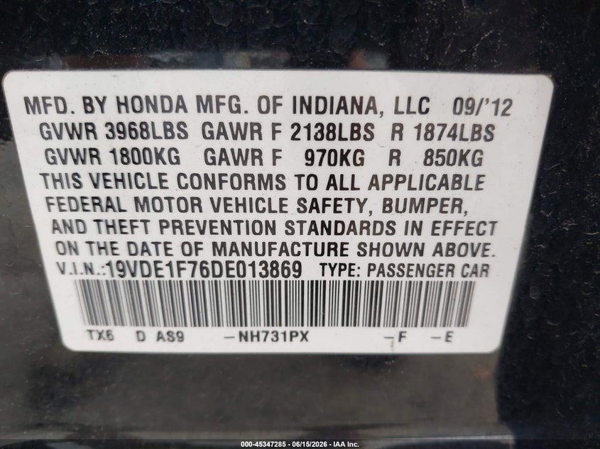 2013 Acura Ilx 2.0L VIN: 19VDE1F76DE013869 Lot: 45347285