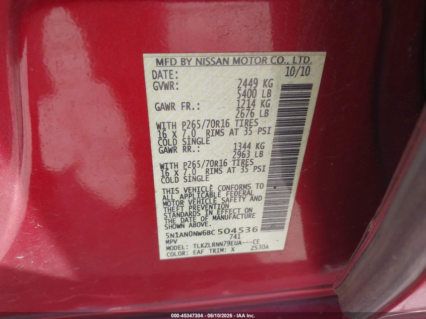 2011 Nissan Xterra S VIN: 5N1AN0NW6BC504536 Lot: 45347304