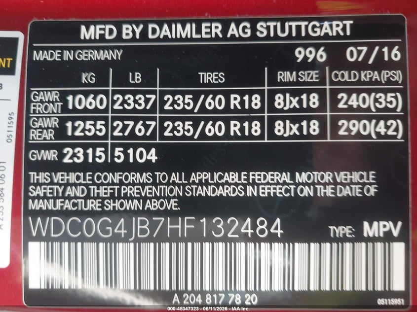 2017 Mercedes-Benz Glc 300 VIN: WDC0G4JB7HF132484 Lot: 45347323