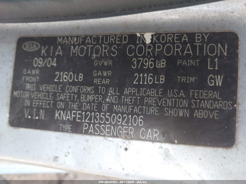 2005 Kia Spectra Ex/Lx/Sx VIN: KNAFE121355092106 Lot: 45347351