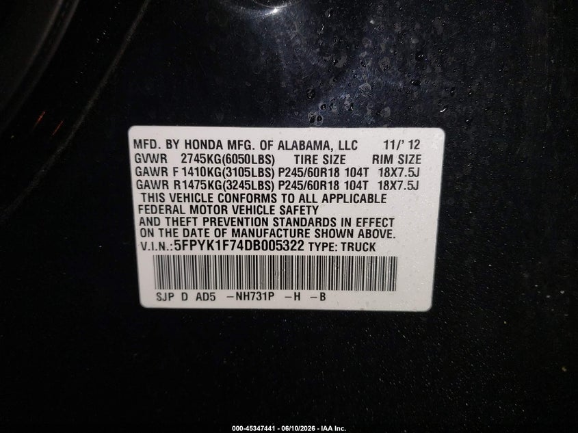 2013 Honda Ridgeline Sport VIN: 5FPYK1F74DB005322 Lot: 45347441