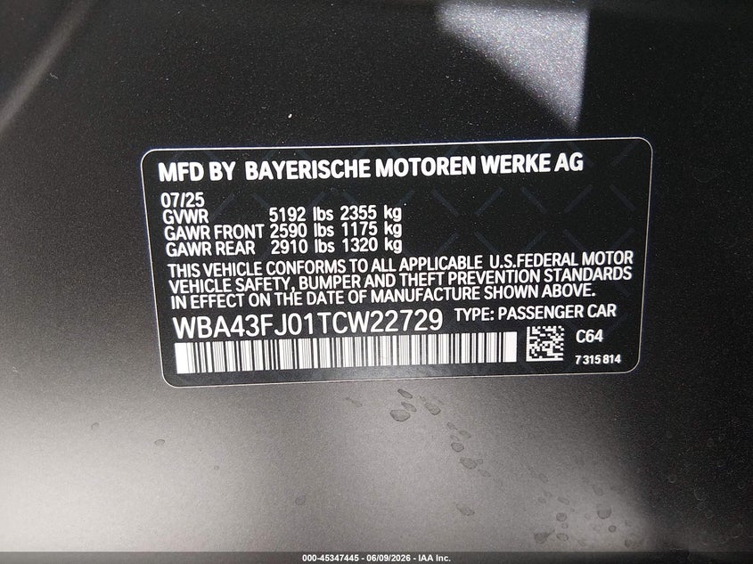 2026 BMW 530I 2.0L I-4 DI, DOHC, V(VIN: WBA43FJ01TCW22729