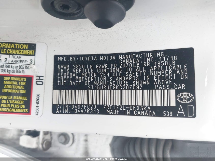 2019 TOYOTA COROLLA SEDAN 1.8L I-4 DOHC, VVT, 132HP