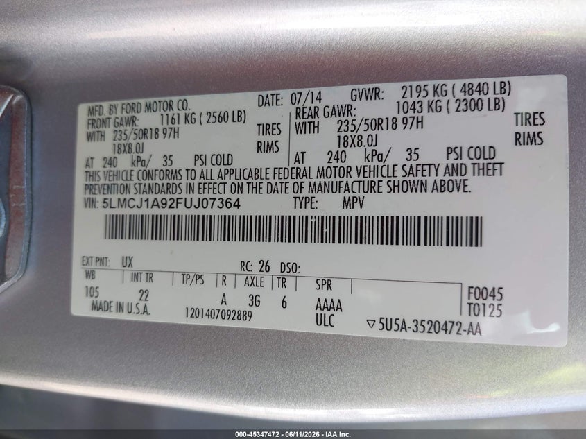 2015 Lincoln Mkc VIN: 5LMCJ1A92FUJ07364 Lot: 45347472