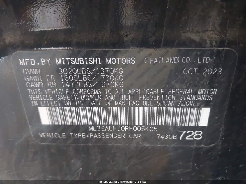 2024 Mitsubishi Mirage Es VIN: ML32AUHJ0RH005405 Lot: 45347531