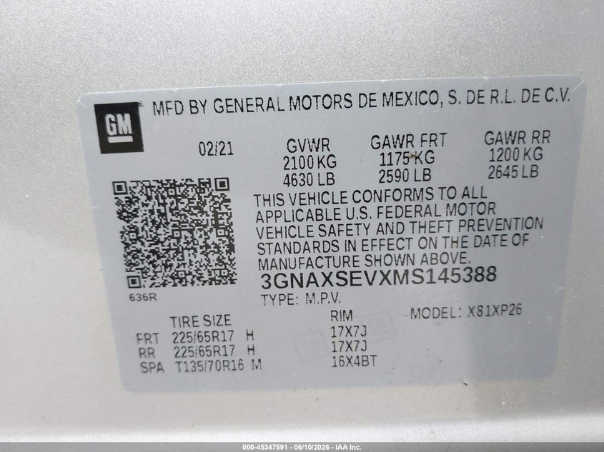 2021 CHEVROLET EQUINOX 1.5L I-4 DI, DOHC, V(VIN: 3GNAXSEVXMS145388