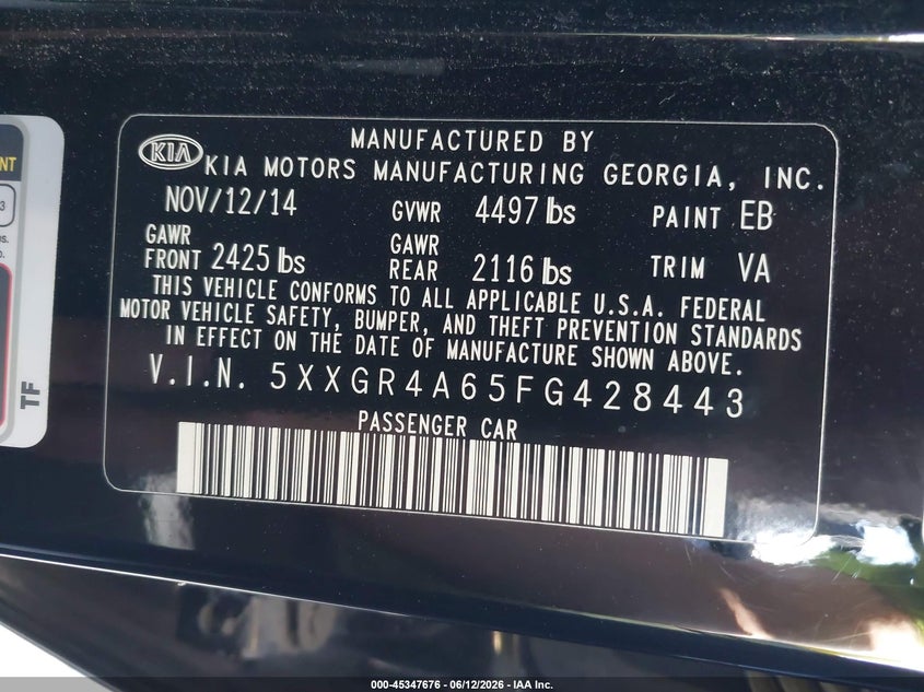 2015 Kia Optima Sxl Turbo VIN: 5XXGR4A65FG428443 Lot: 45347676