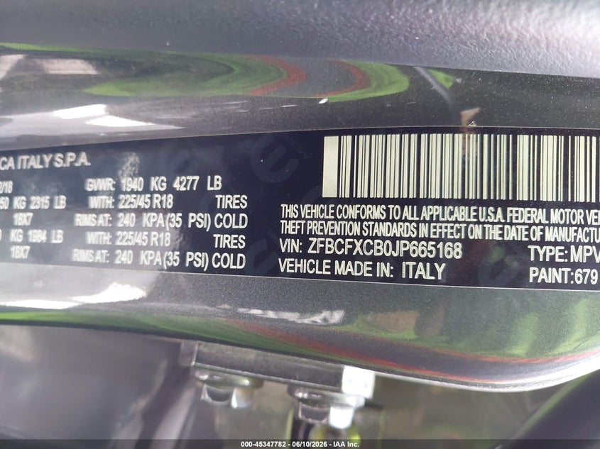2018 Fiat 500X Trekking Fwd VIN: ZFBCFXCB0JP665168 Lot: 45347782