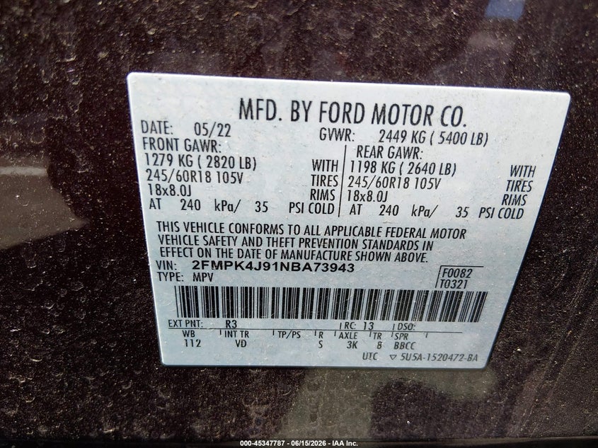 VIN 2FMPK4J91NBA73943 2022 FORD EDGE SEL