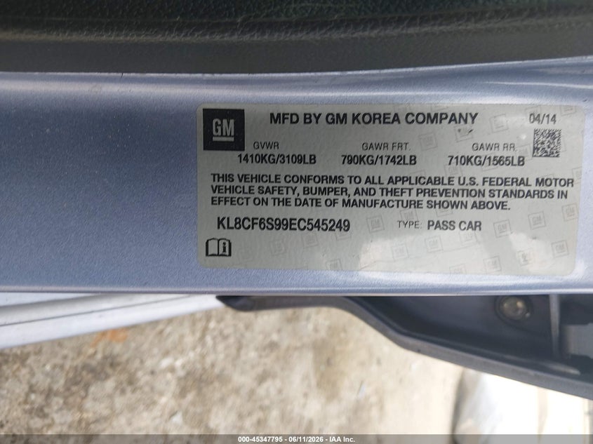 2014 Chevrolet Spark 2Lt Auto VIN: KL8CF6S99EC545249 Lot: 45347795