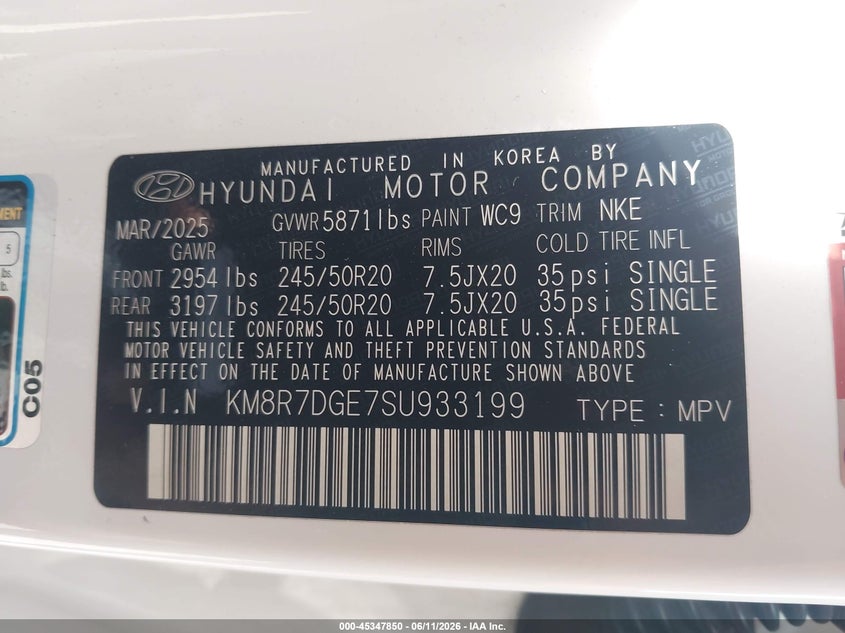 2025 Hyundai Palisade Calligraphy Night Edition VIN: KM8R7DGE7SU933199 Lot: 45347850