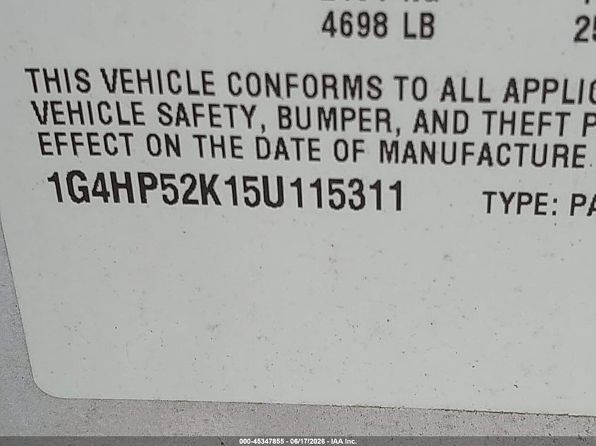 2005 Buick Lesabre Custom VIN: 1G4HP52K15U115311 Lot: 45347855