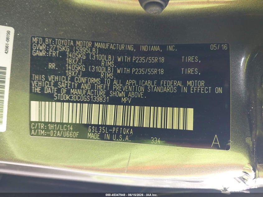 2016 TOYOTA SIENNA VAN 3.5L V-6 DOHC, VVT, 266HP