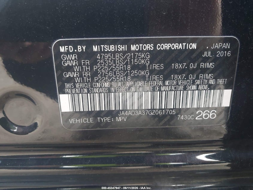 2016 MITSUBISHI OUTLANDER SPORT UTILITY VEHICLE 2.4L I-4 VVT, 166HP