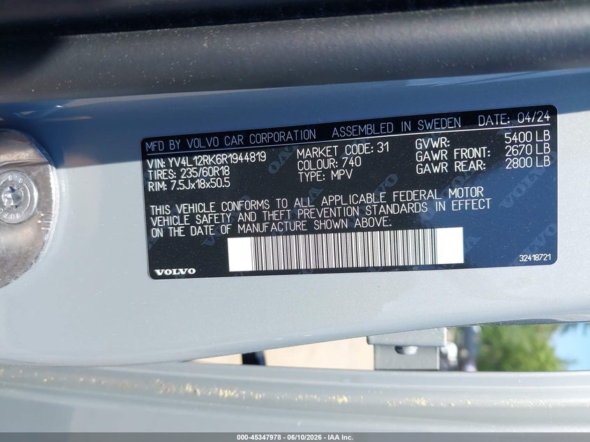 2024 Volvo Xc60 B5 Core Dark Theme VIN: YV4L12RK6R1944819 Lot: 45347978