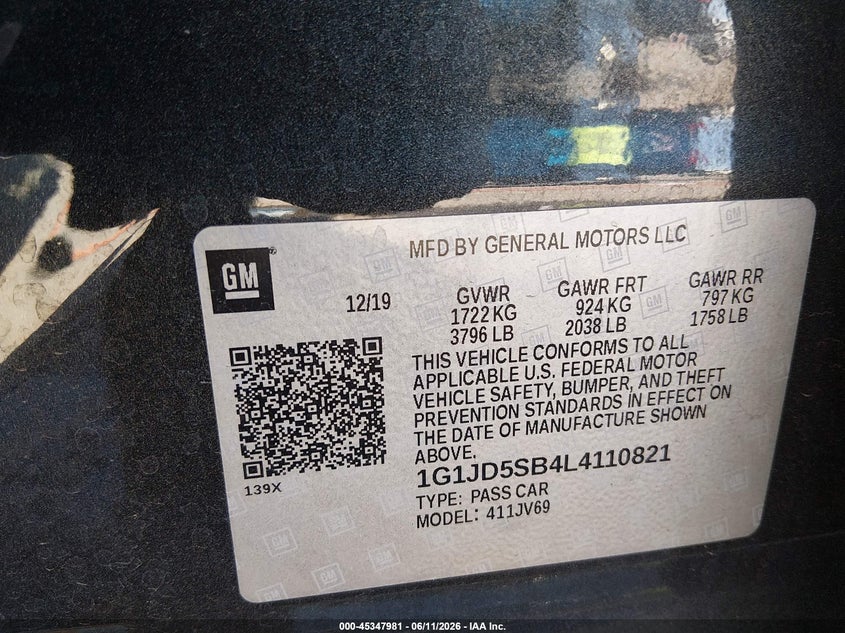 2020 Chevrolet Sonic Fwd Lt VIN: 1G1JD5SB4L4110821 Lot: 45347981