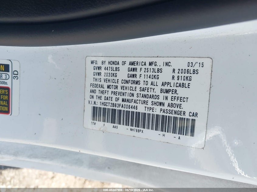 2015 HONDA ACCORD COUPE 3.5L V-6 VVT, 278HP