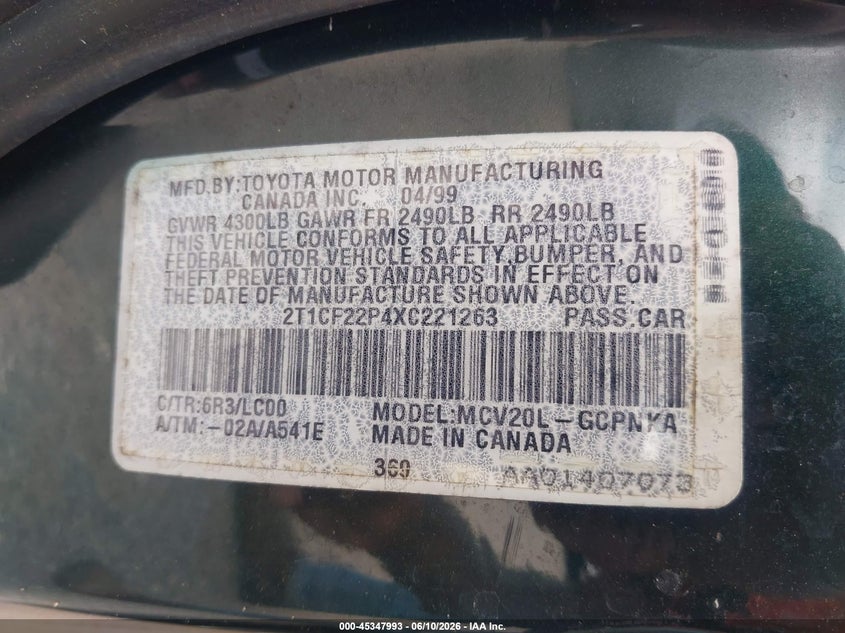 1999 Toyota Camry Solara Sle VIN: 2T1CF22P4XC221263 Lot: 45347993