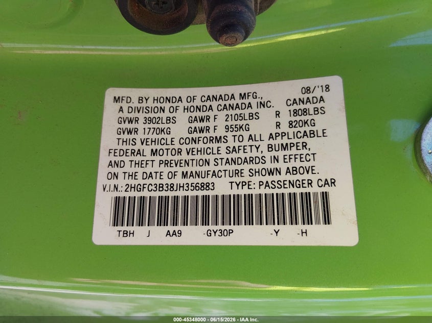 HONDA CIVIC 2018 VIN 2HGFC3B38JH356883