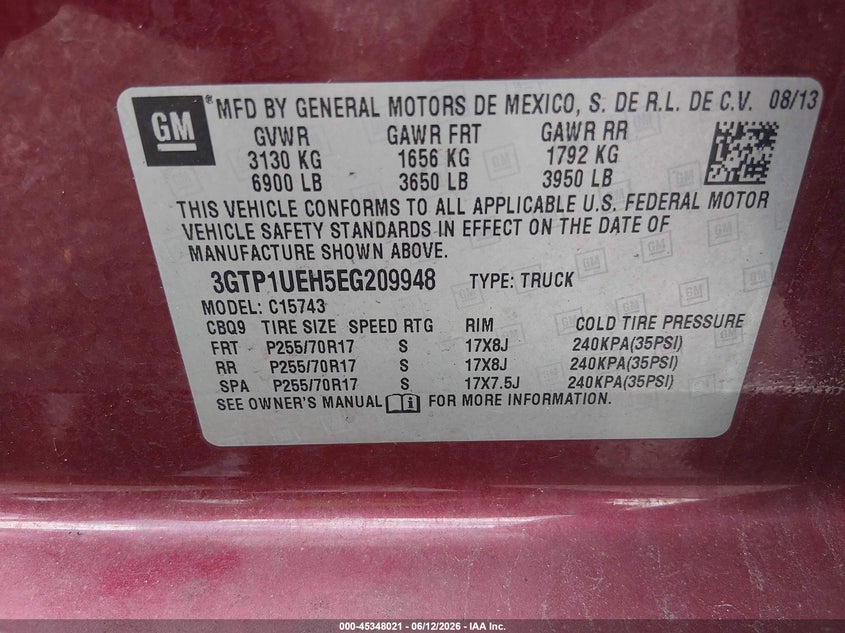 2014 GMC Sierra 1500 Sle VIN: 3GTP1UEH5EG209948 Lot: 45348021