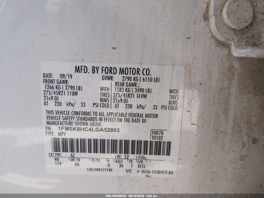 VIN 1FM5K8HC4LGA52803 2020 FORD EXPLORER PLATINUM