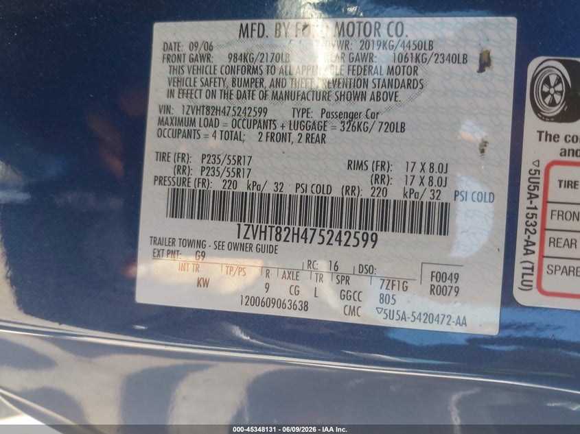 2007 Ford Mustang Gt Deluxe/Gt Premium VIN: 1ZVHT82H475242599 Lot: 45348131