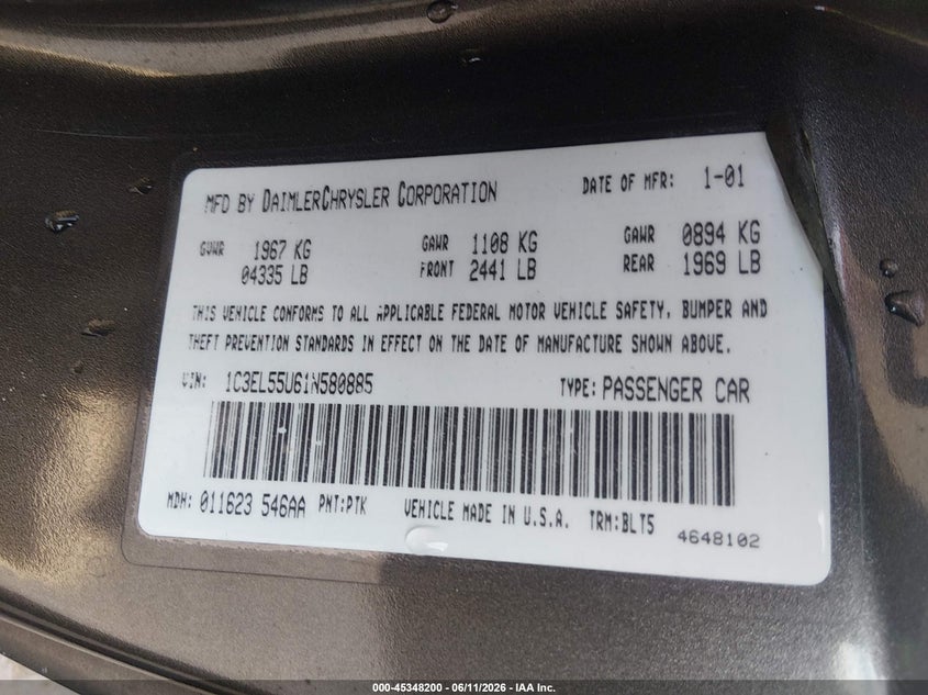 2001 Chrysler Sebring Lxi VIN: 1C3EL55U61N580885 Lot: 45348200