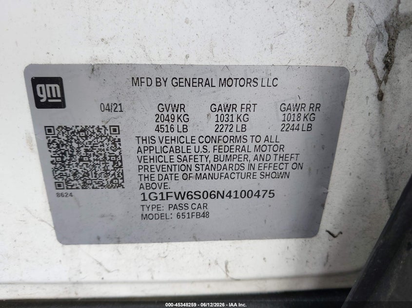 2022 Chevrolet Bolt Ev Fwd 1Lt VIN: 1G1FW6S06N4100475 Lot: 45348259