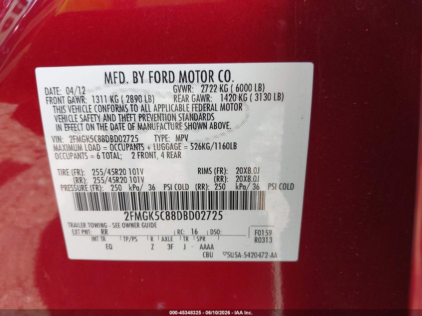 2013 Ford Flex Sel VIN: 2FMGK5C88DBD02725 Lot: 45348325